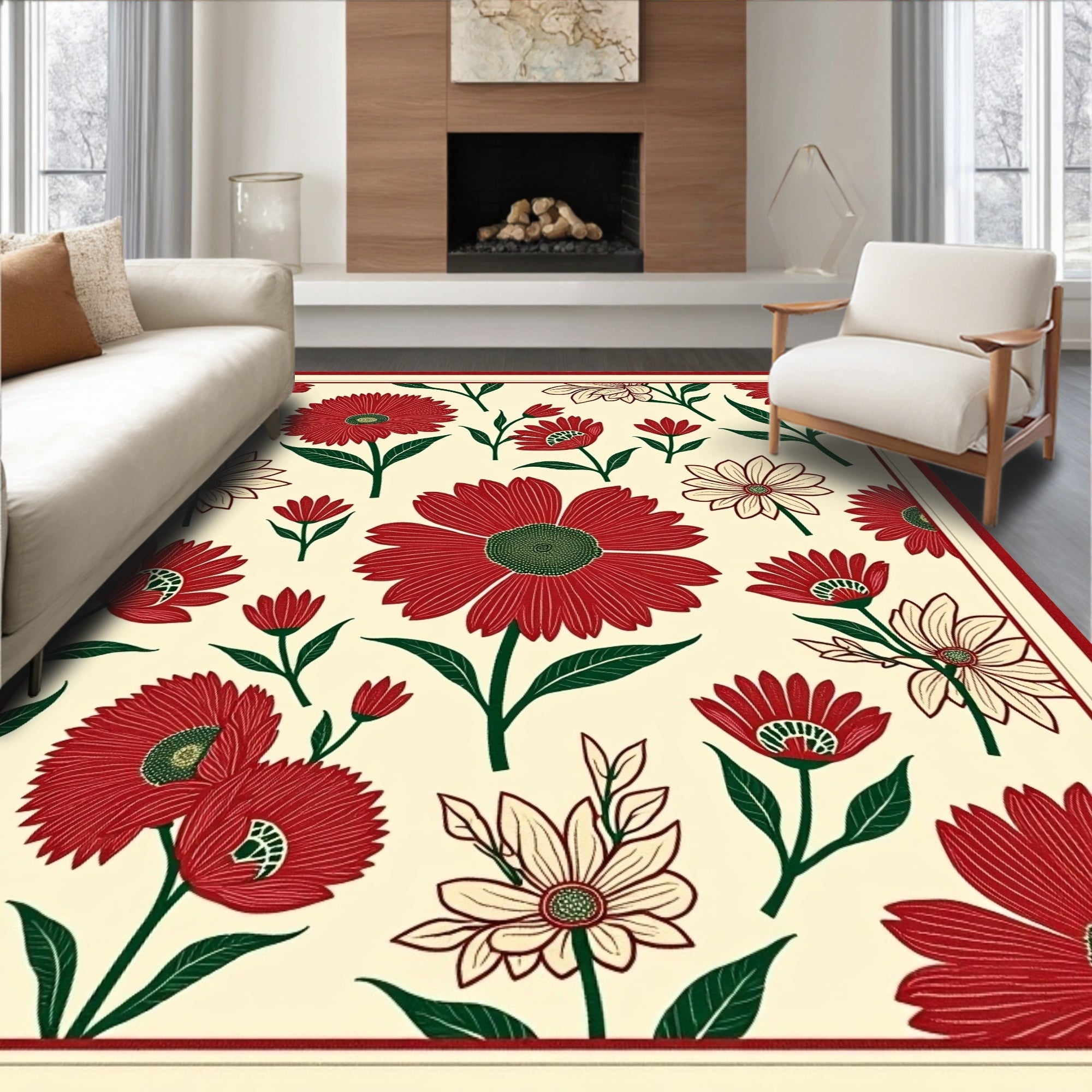 Crimson Floral Blossom Garden Rug