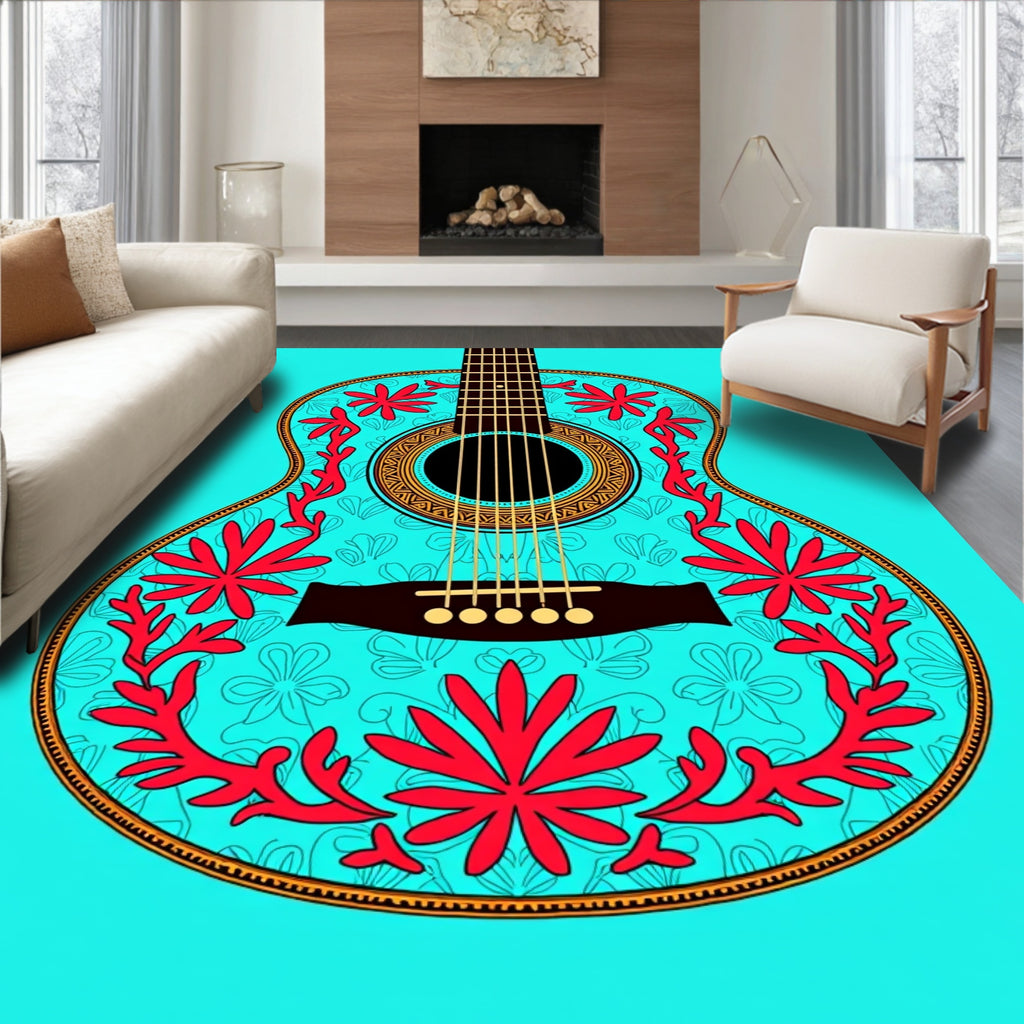 Vibrant Red Coral Blue Floral Abstract Rug