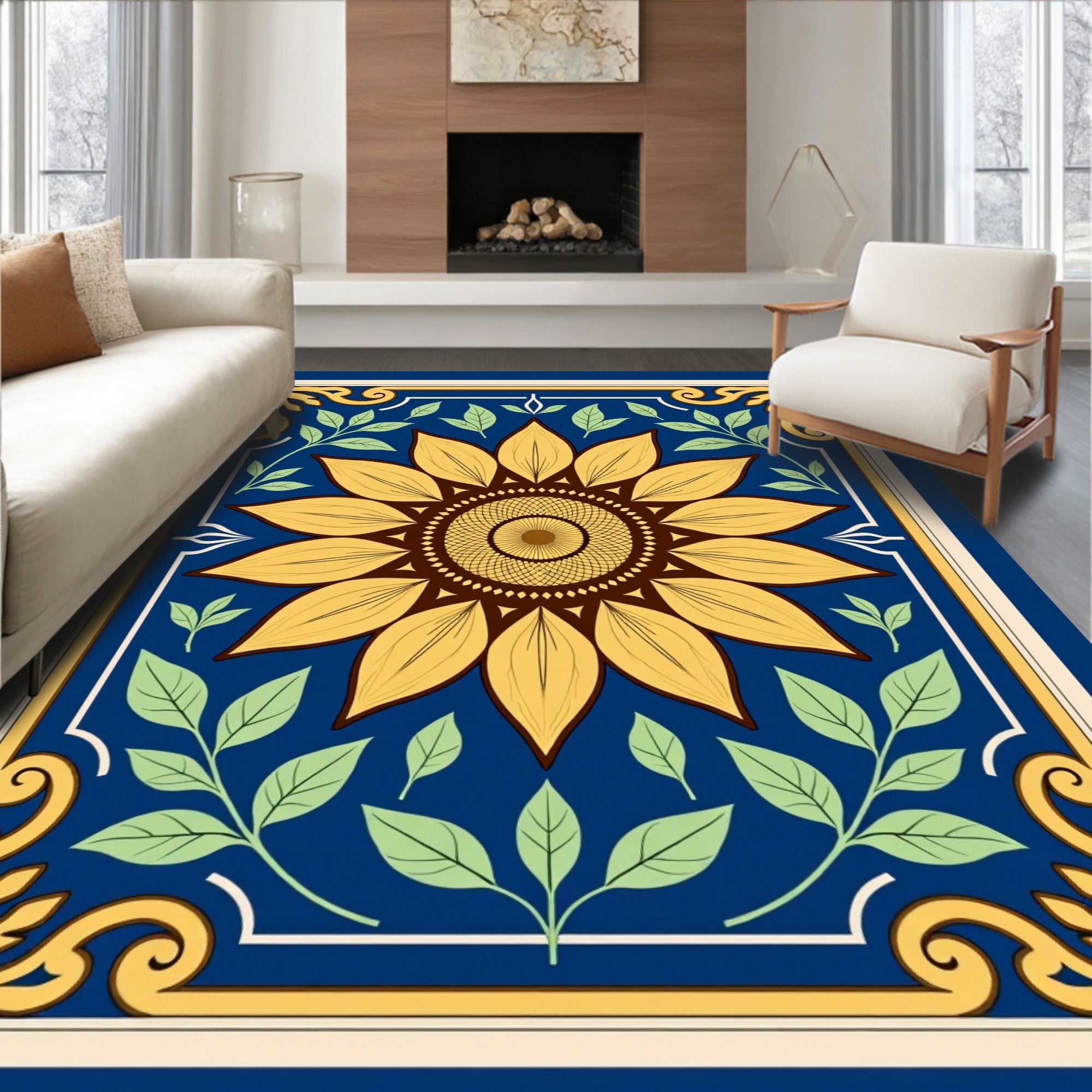 Golden Yellow Sunflower Blue Floral Rug