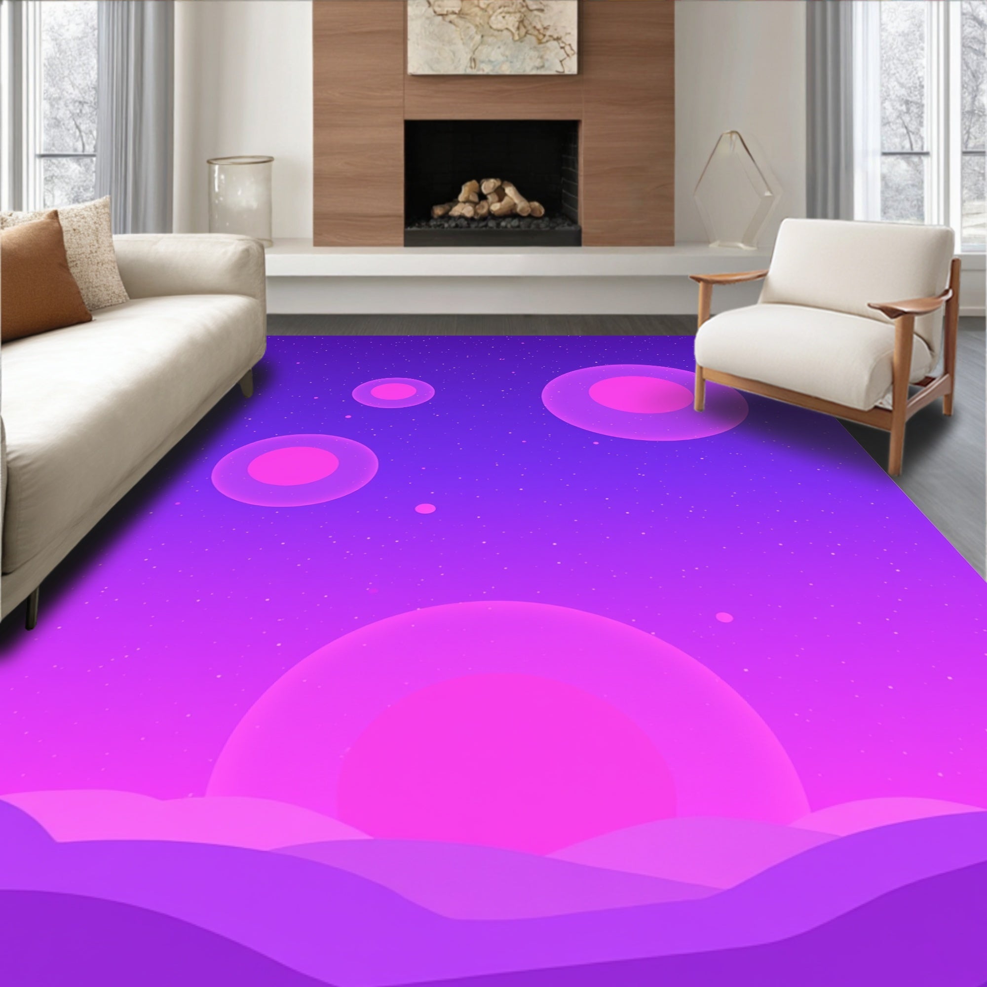Cosmic Glowing Spheres Pink Purple Sky Rug