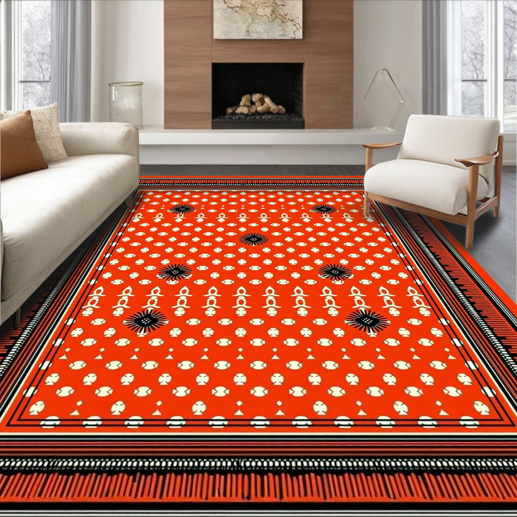 Vibrant Coral Black Starburst medallion Rug