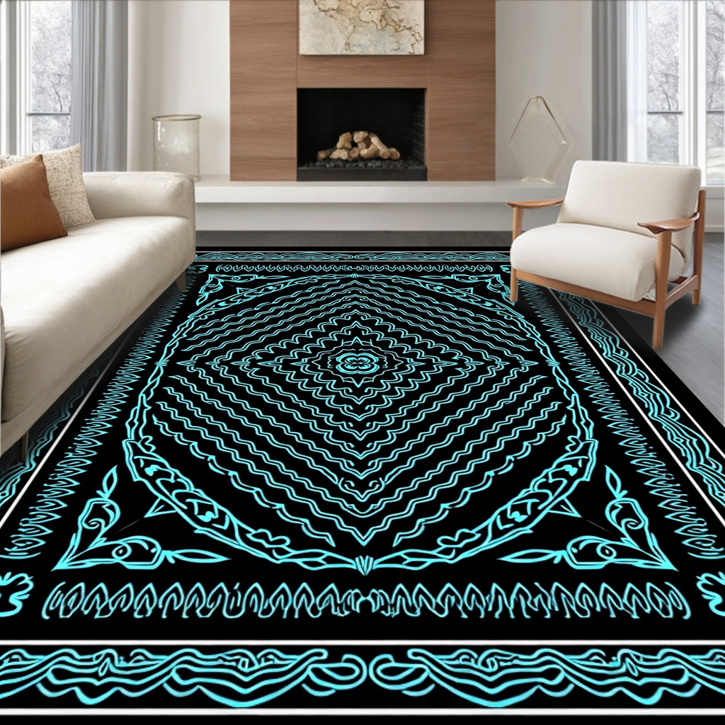 Aqua Neon Geometric Mandala Rug
