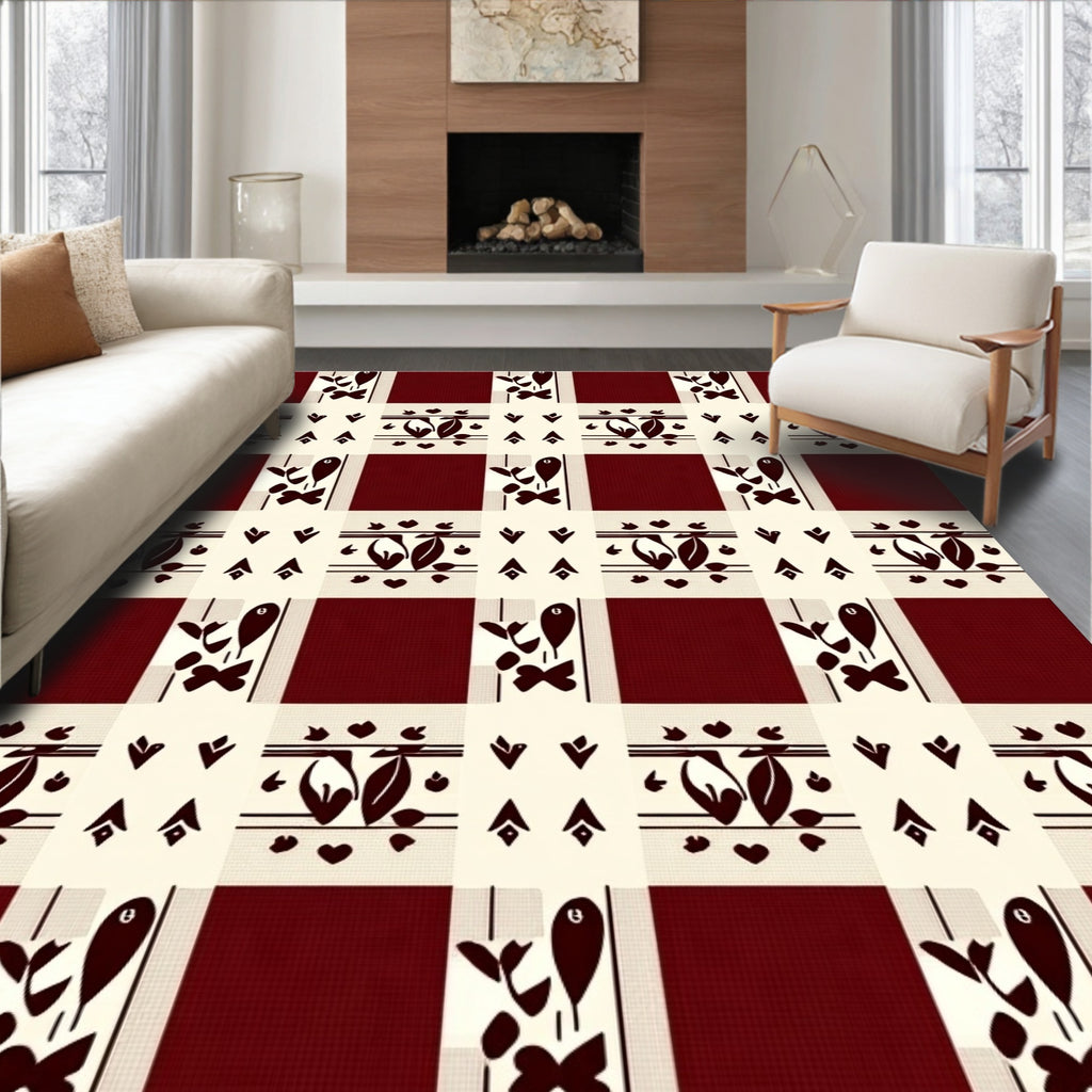 Deep Red Gingham Floral Arrangement Rug