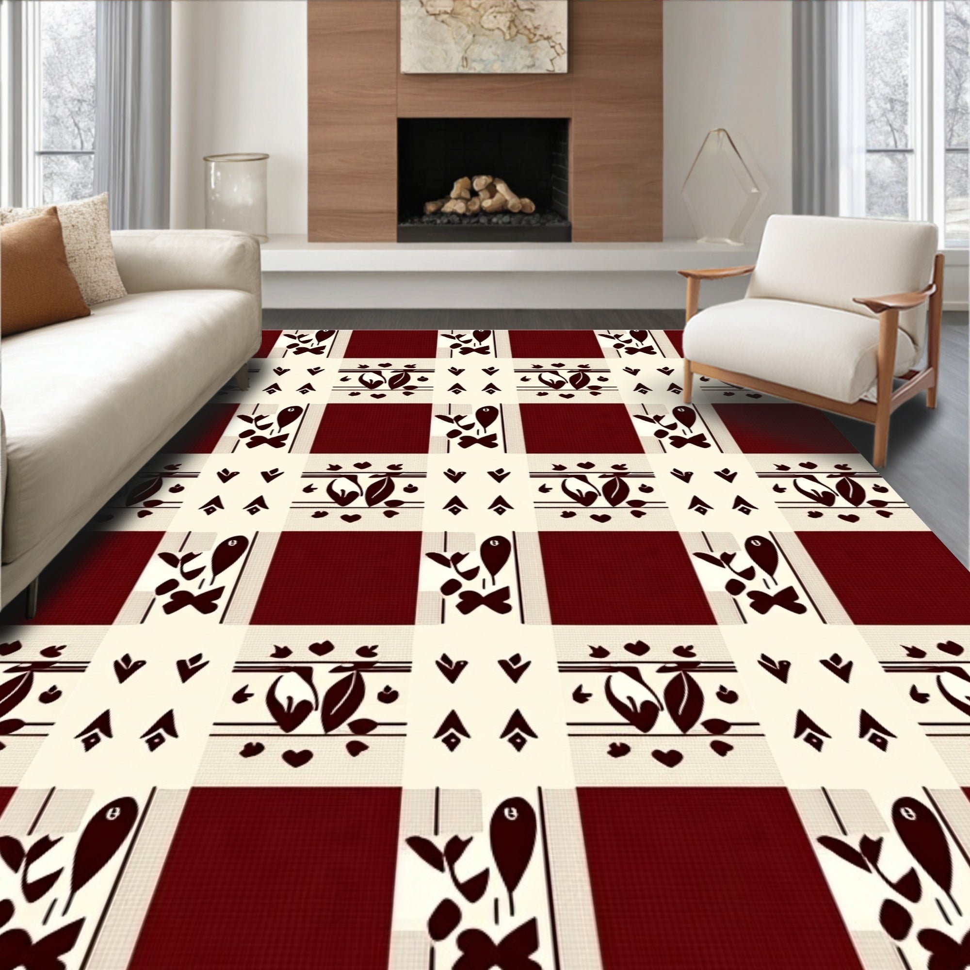 Deep Red Gingham Floral Arrangement Rug