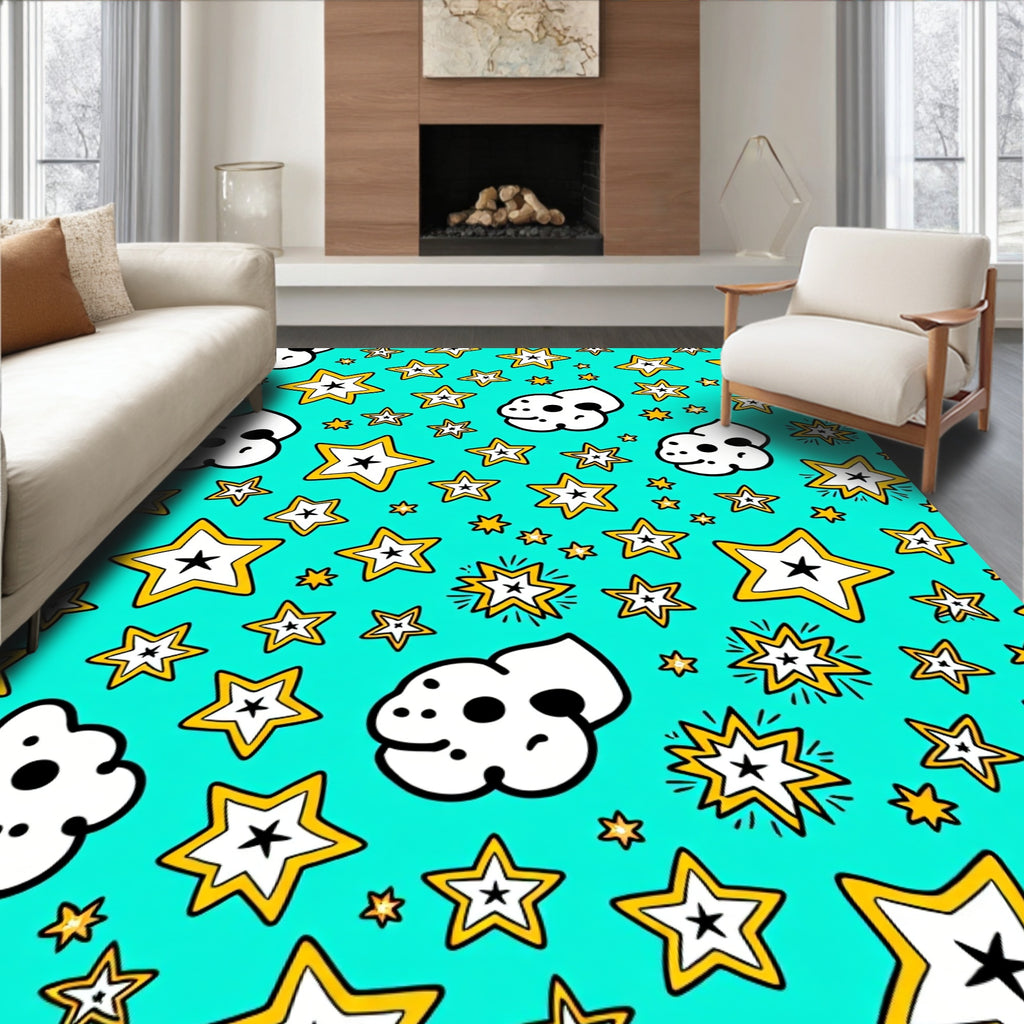 Cartoon Stars and Popcorn Teal Rug