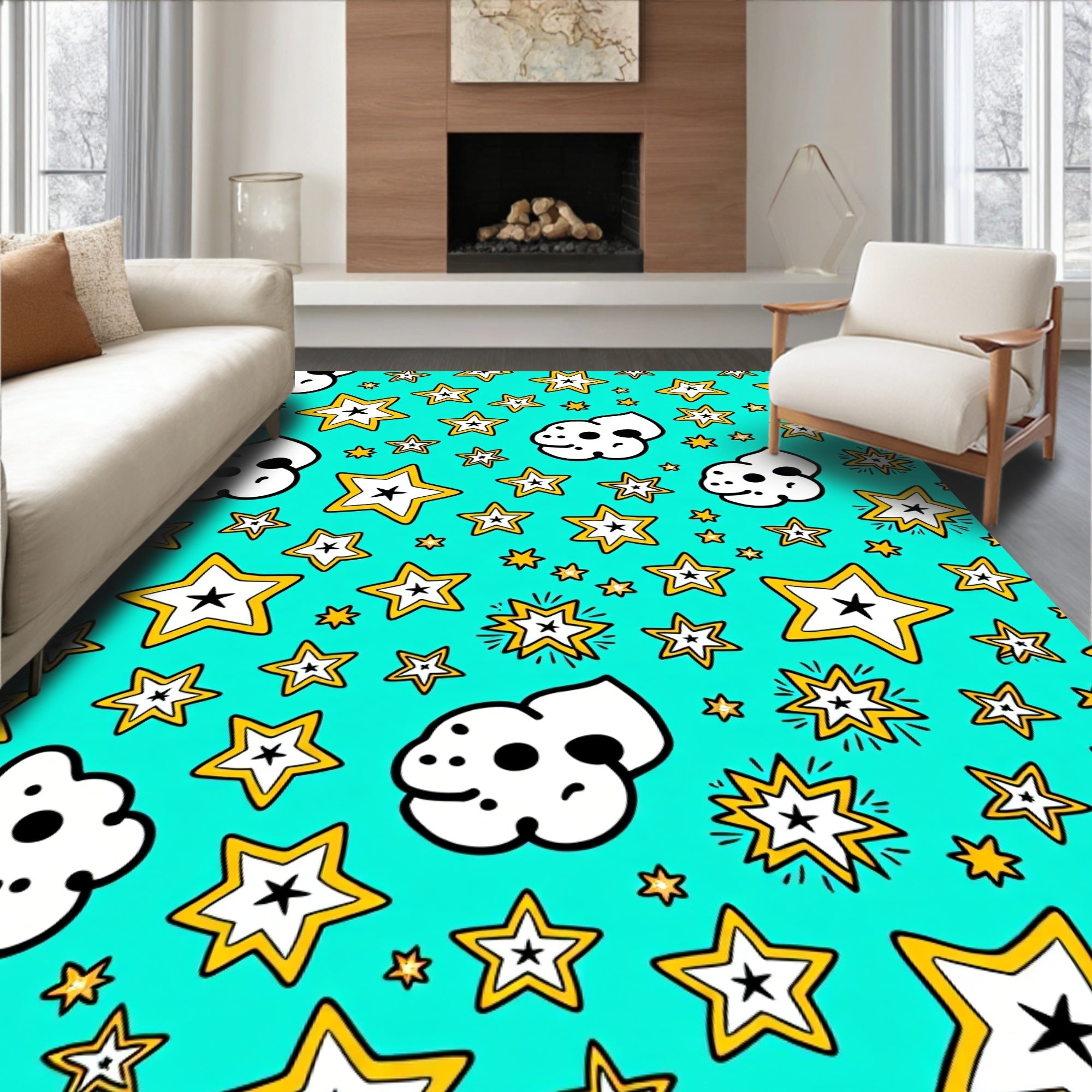 Cartoon Stars and Popcorn Teal Rug