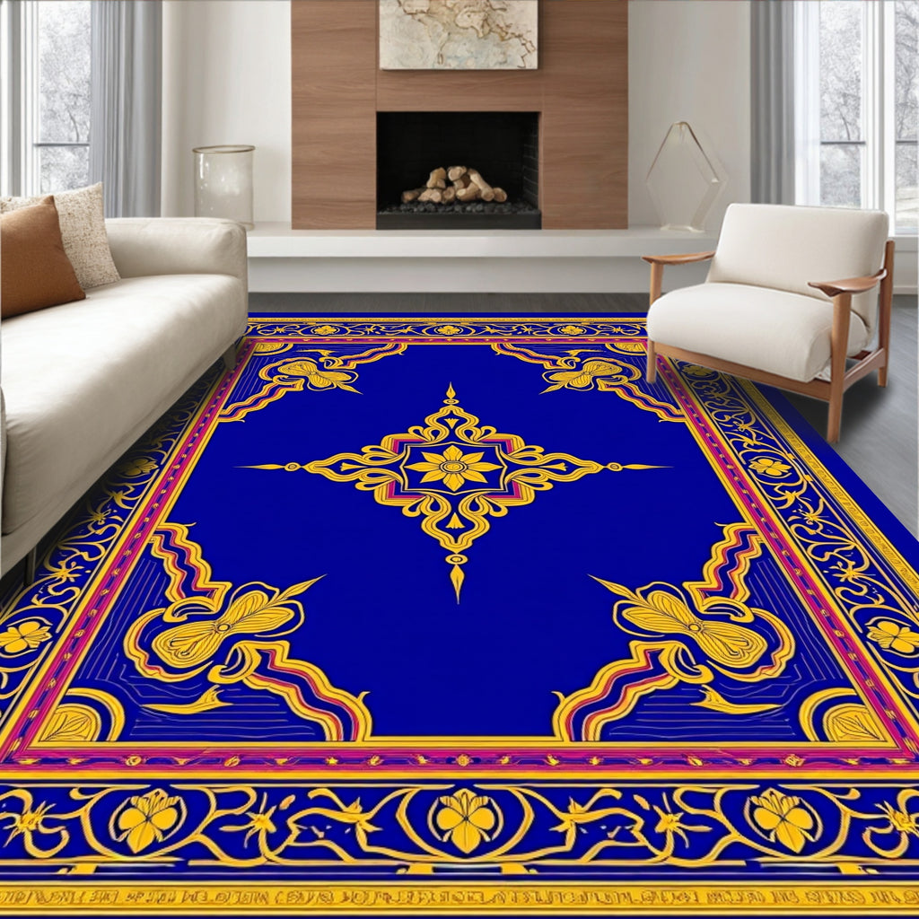 Vibrant Royal Blue Gold Floral Medallion Rug
