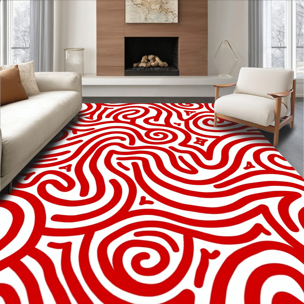 Vibrant Red Swirl Abstract Flow Rug