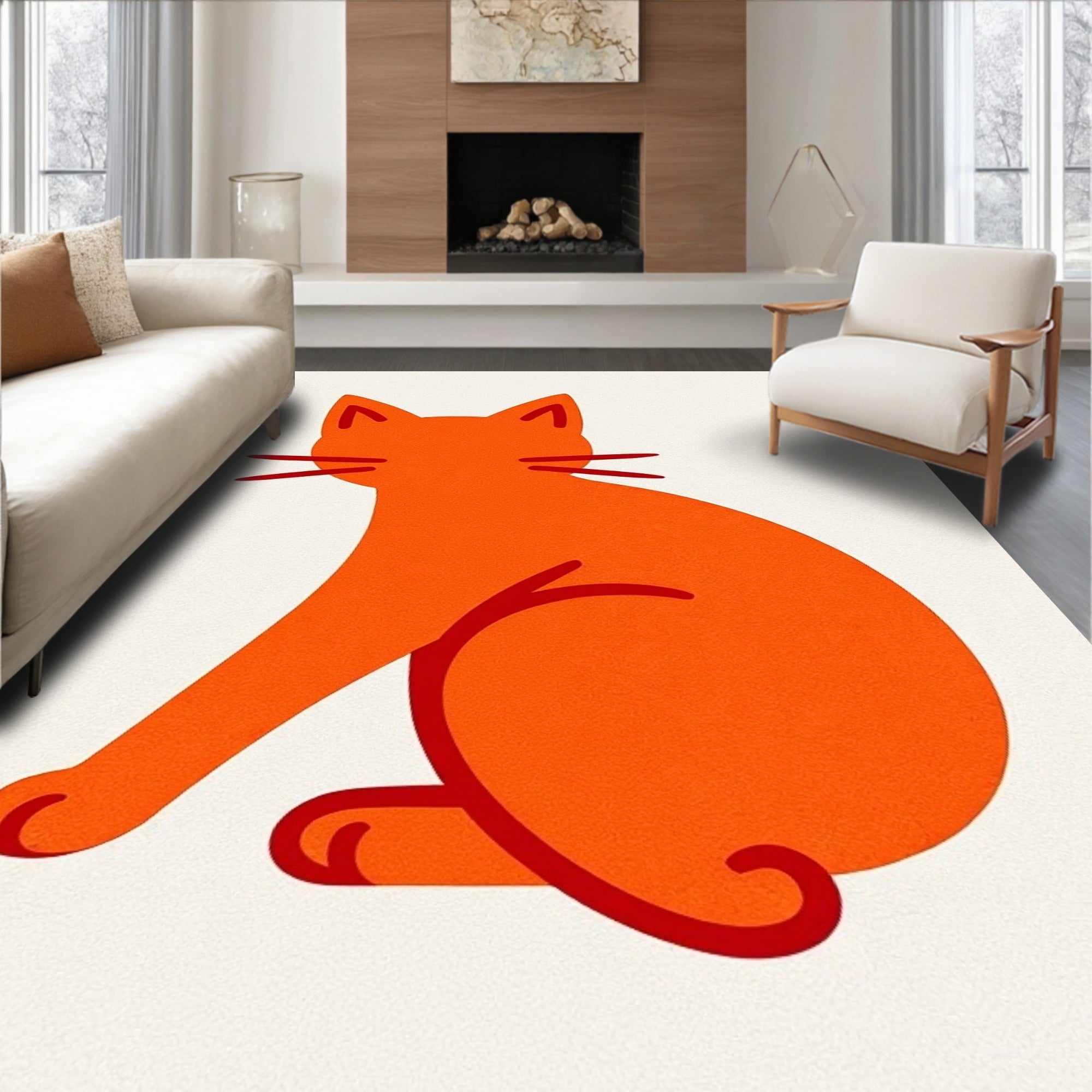 Vibrant Orange Feline Sitting Still Rug
