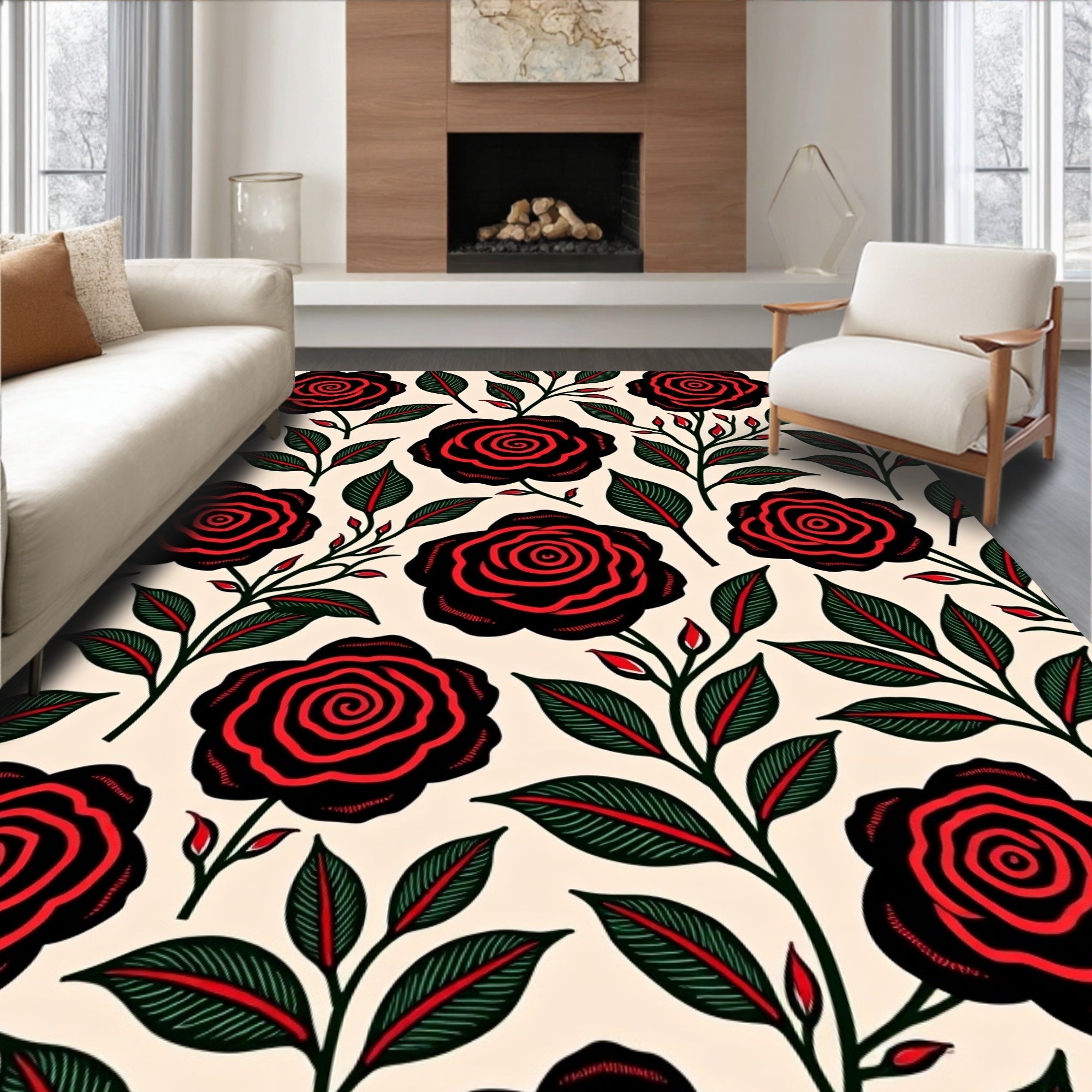 Vintage Red Black Floral Vine Rug