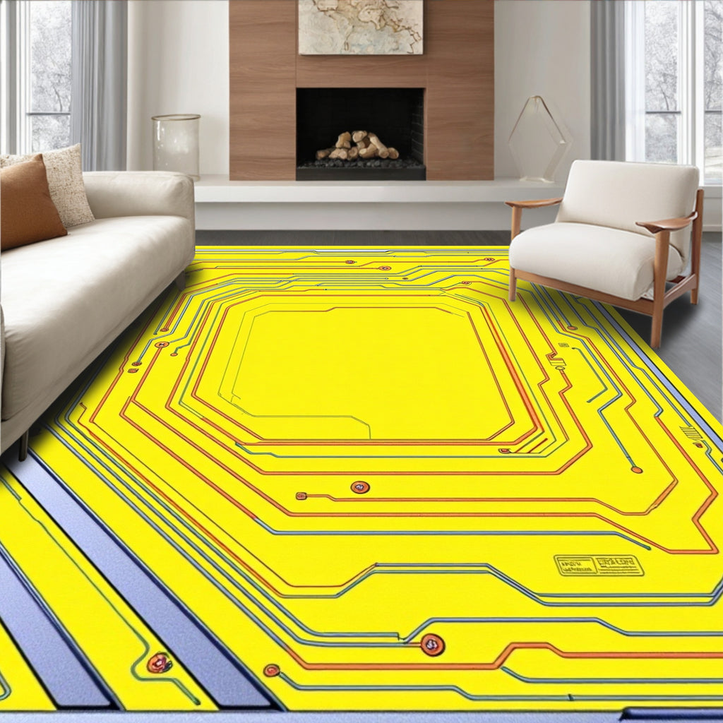 Yellow Circuit Board Lines Rug