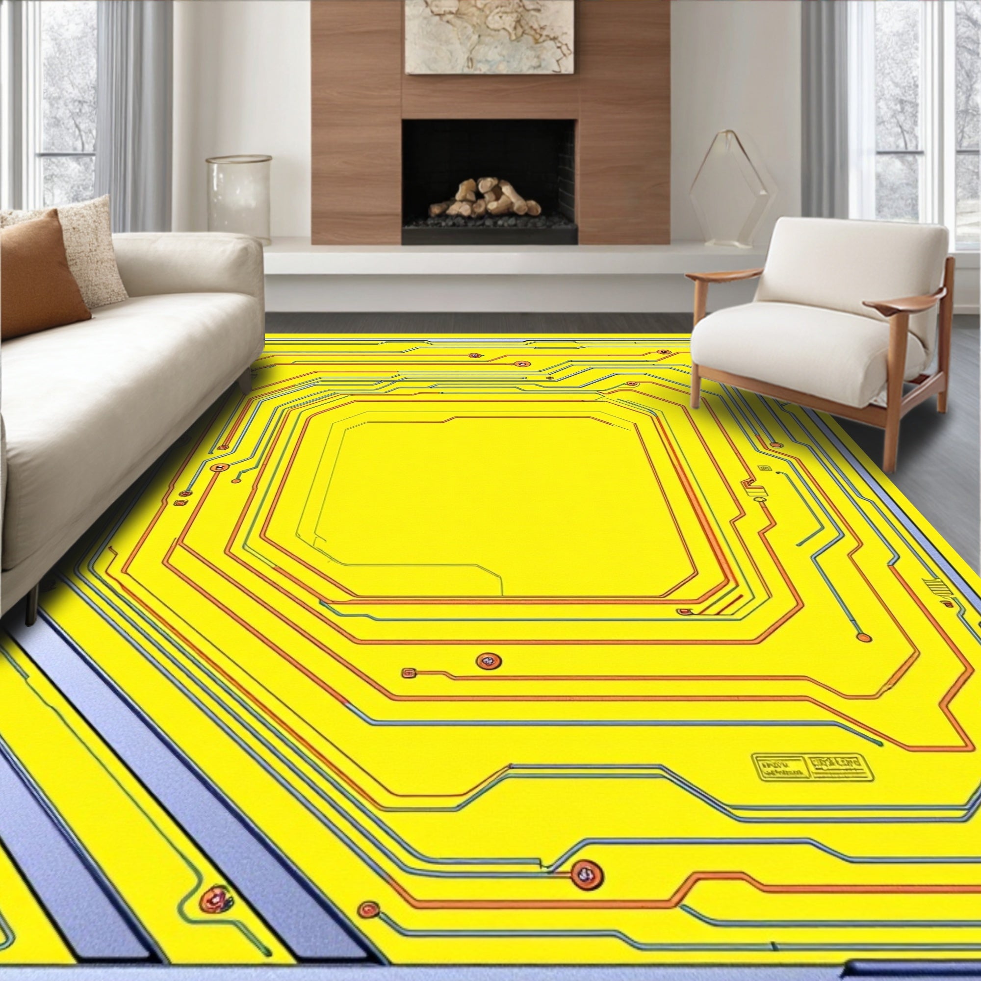 Yellow Circuit Board Lines Rug
