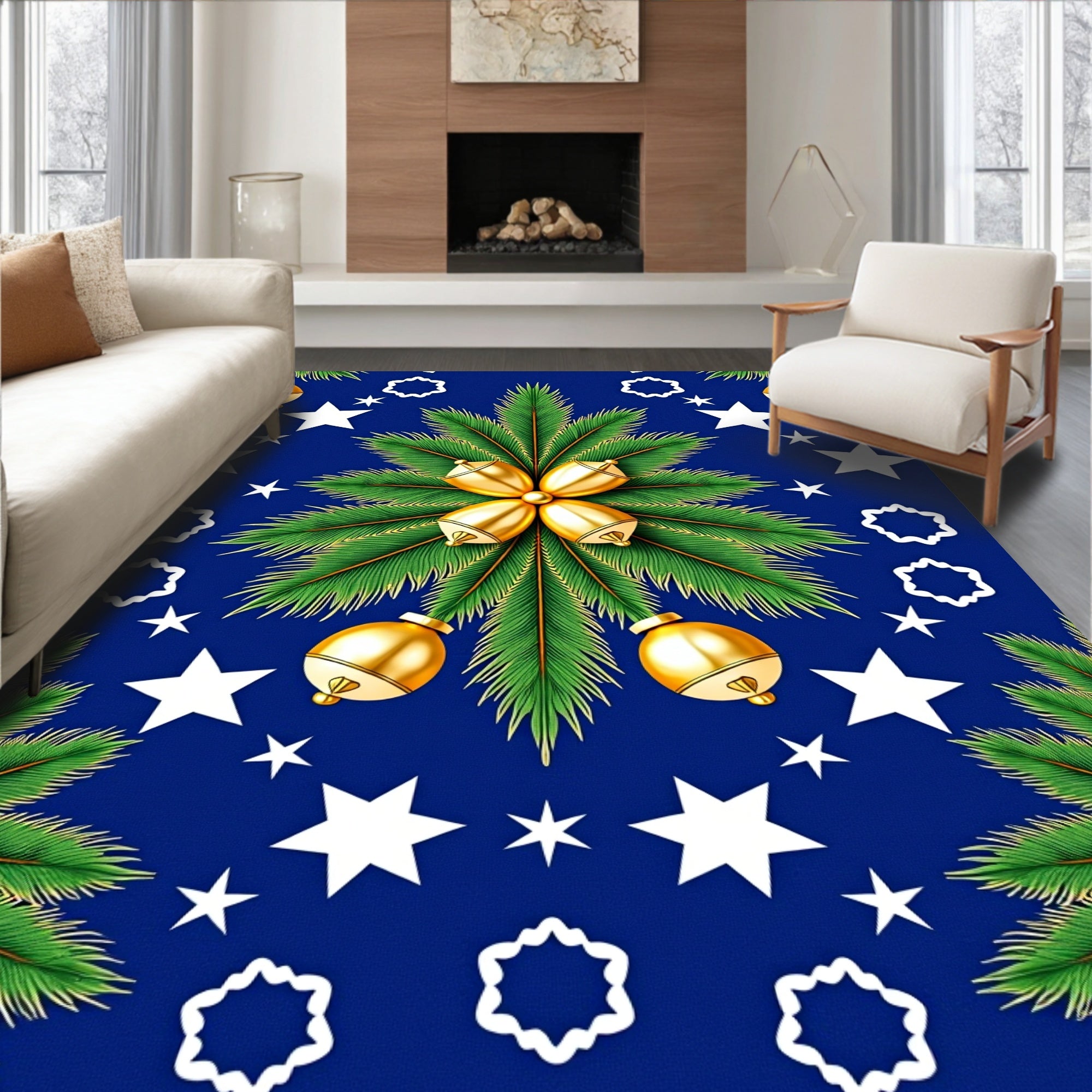 Golden Bells Emerald Leaves Starry Night Rug