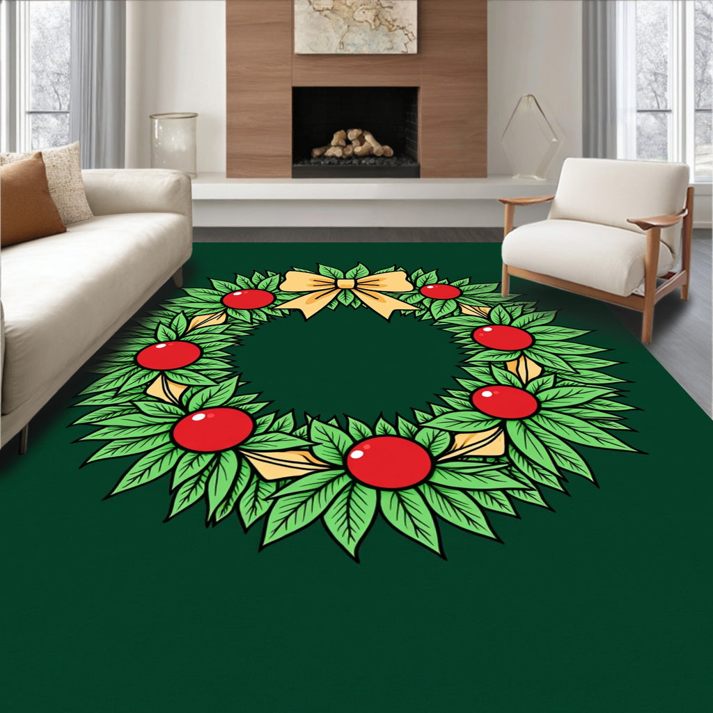 Green Leaf Red Berry Yellow Bow Wreath Rug
