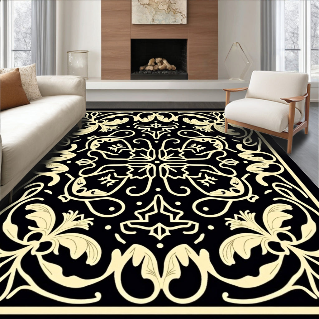 Elegant Black and Cream Floral Scroll Rug