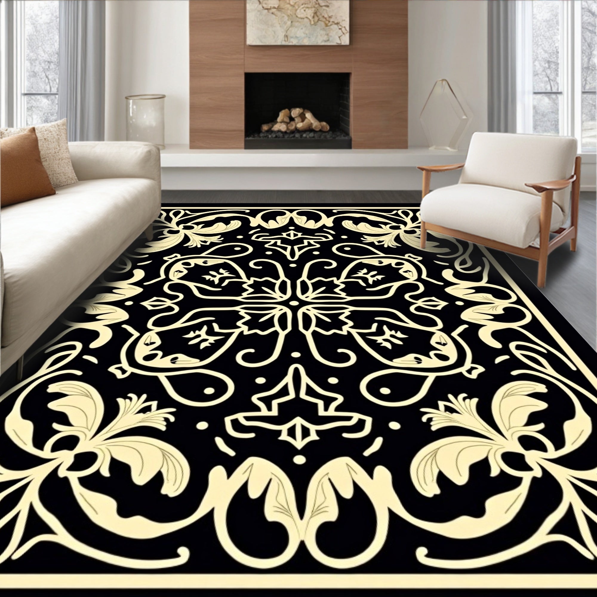 Elegant Black and Cream Floral Scroll Rug