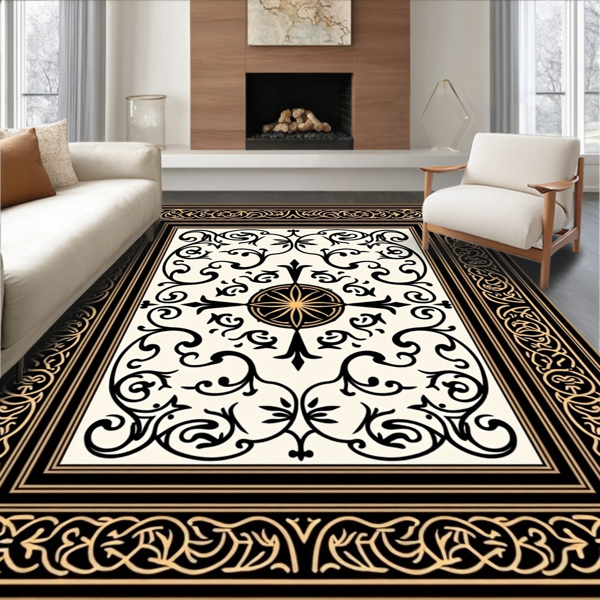 Ornate Black Golden Scrollwork Medallion Rug