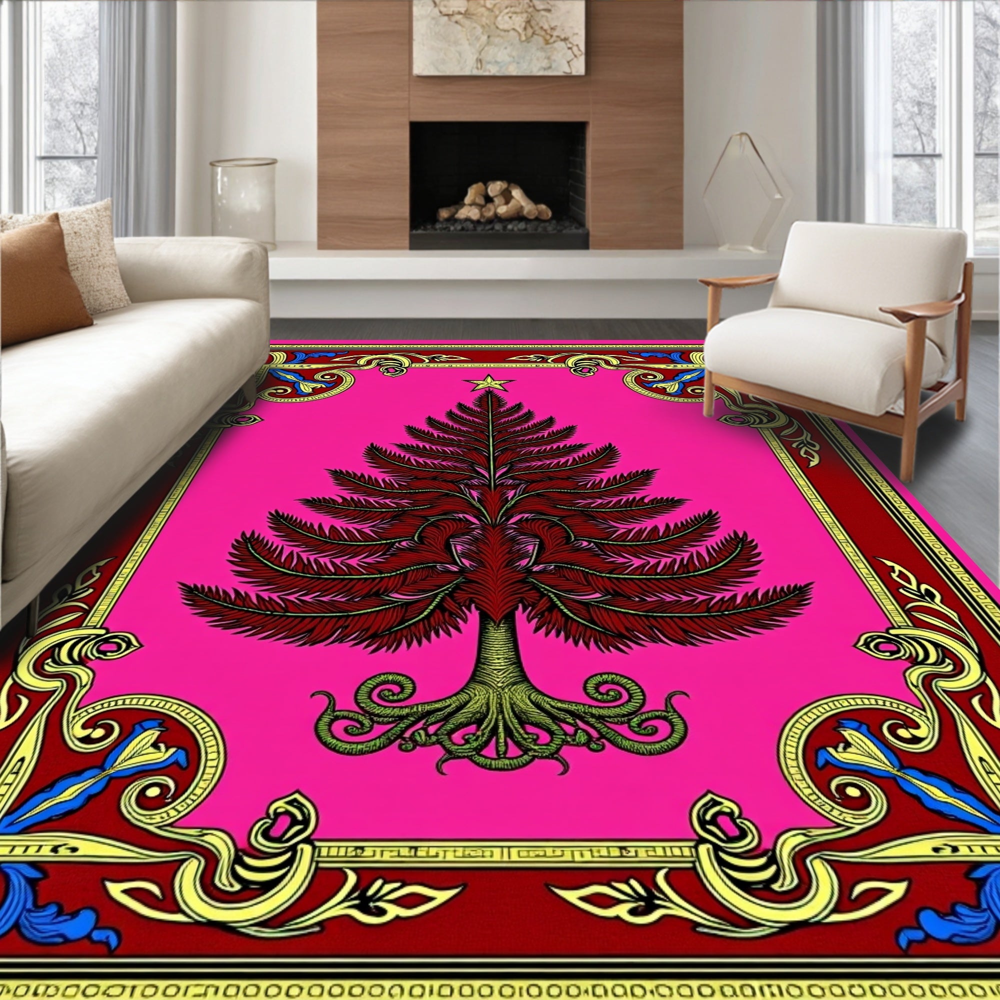 Vibrant Pink Red Tree Border Rug