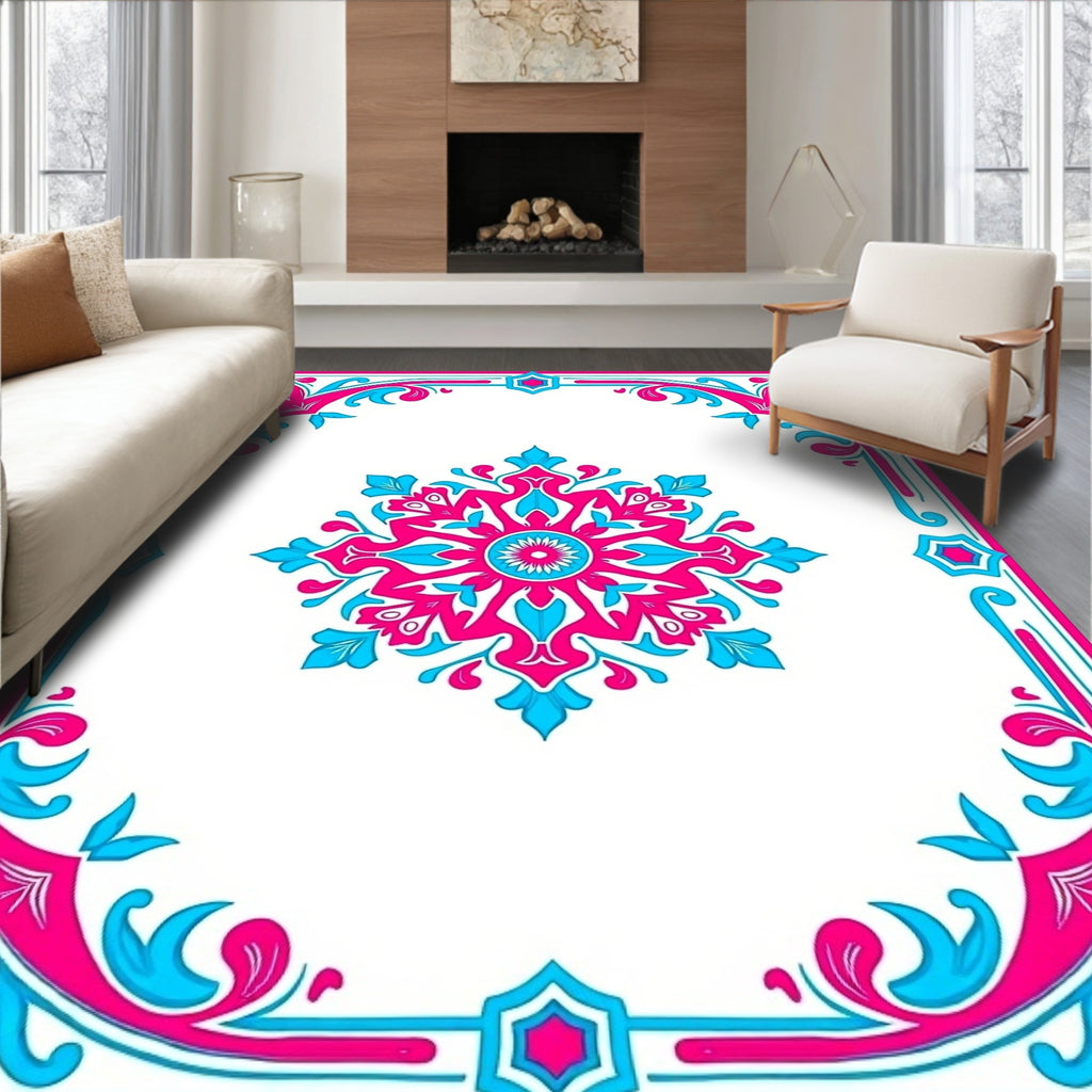 Vibrant Pink Turquoise Medallion Border Rug