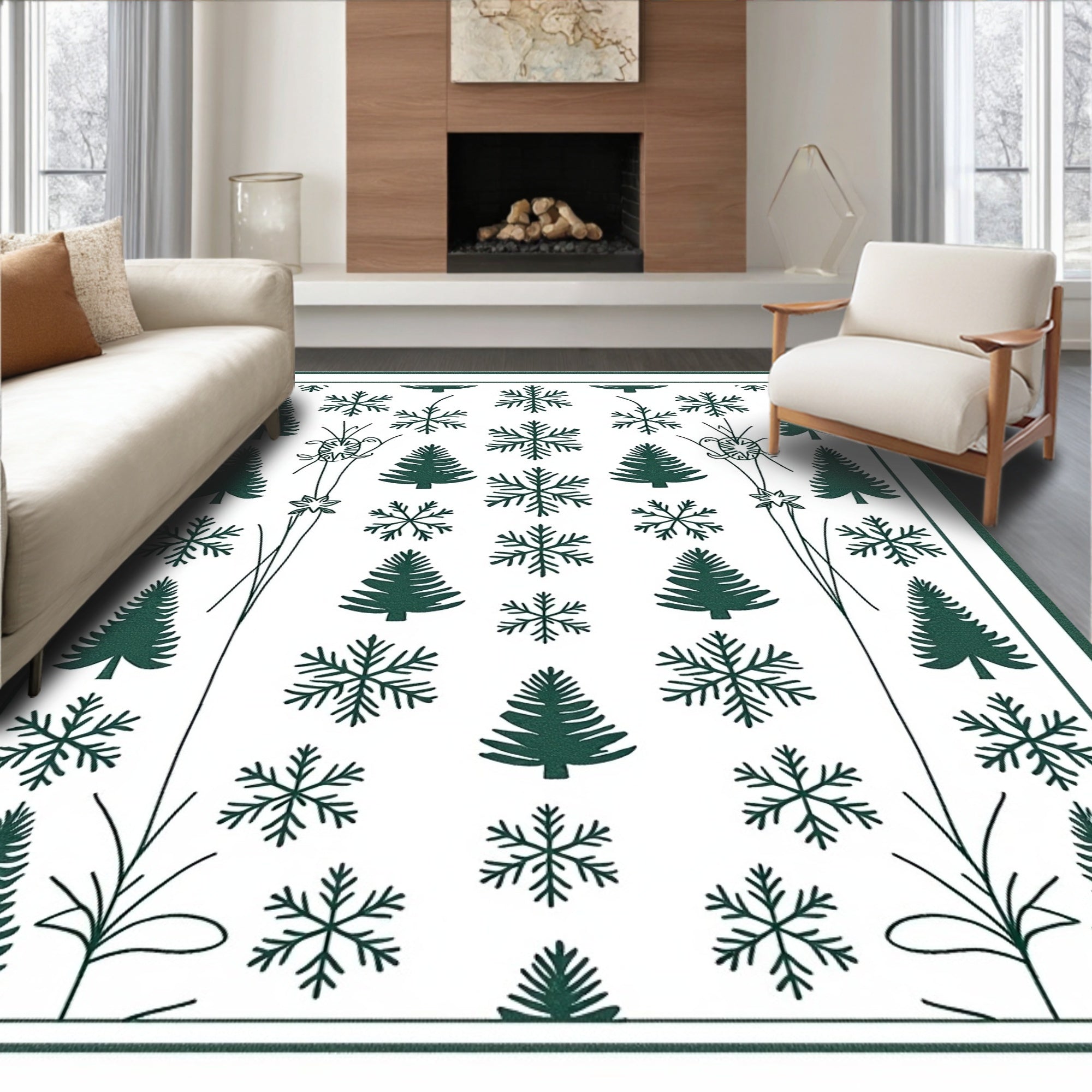 Deep Forest Green Snowflake Tree Collage Rug