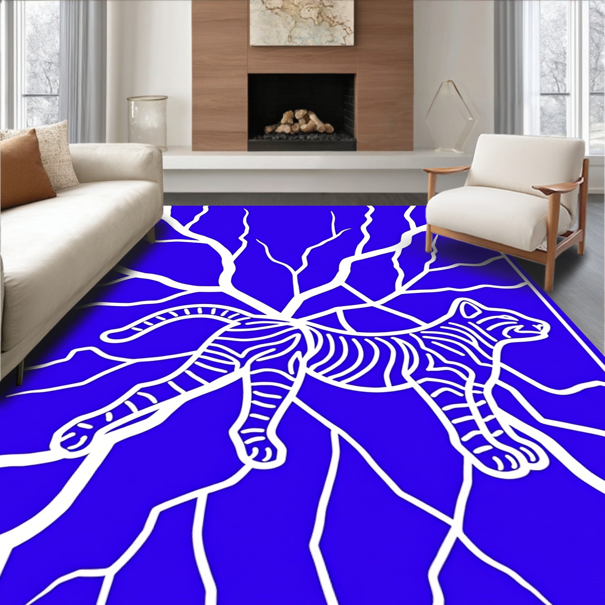 Bold Blue Feline Vine Art Rug