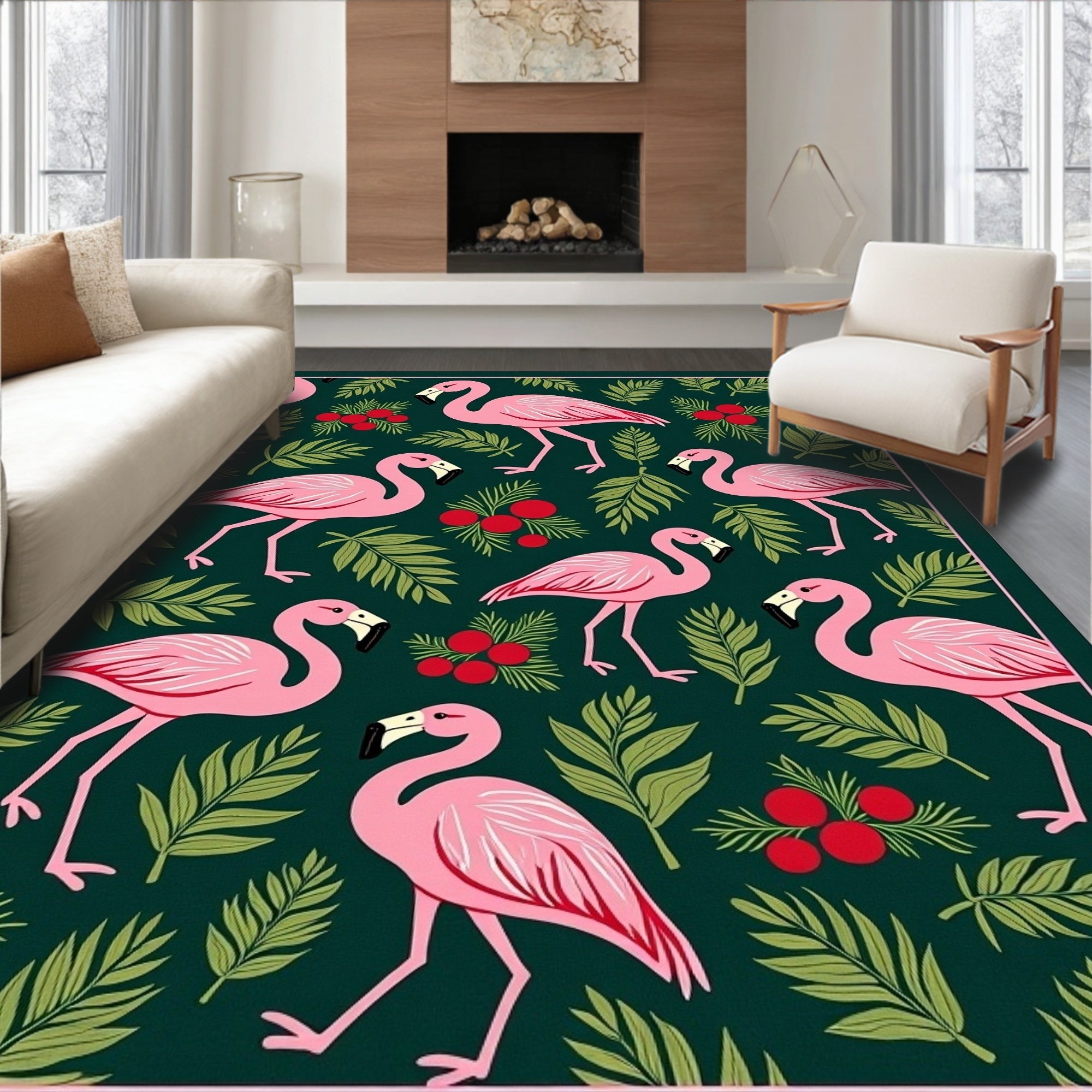 Pink Flamingos Green Tropical Foliage Rug
