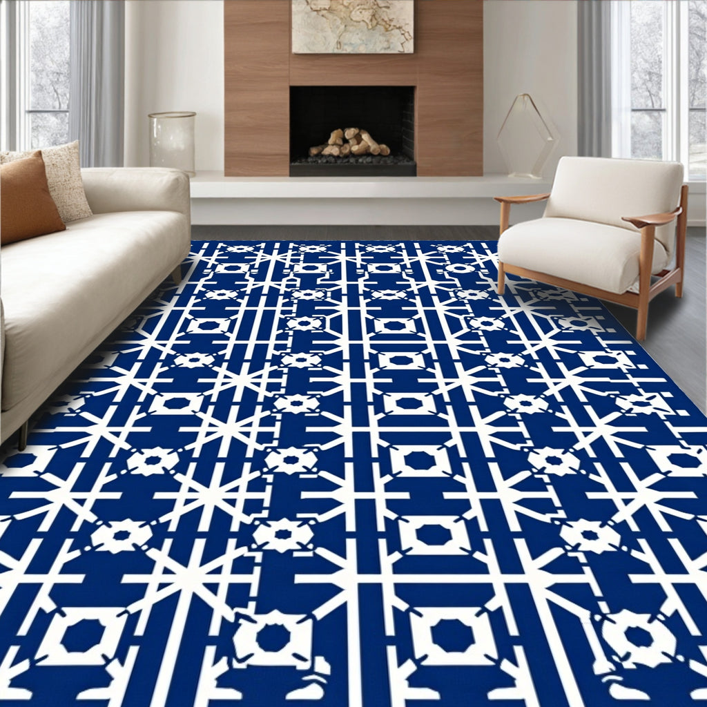 Intricate Navy White Geometric Abstract Rug
