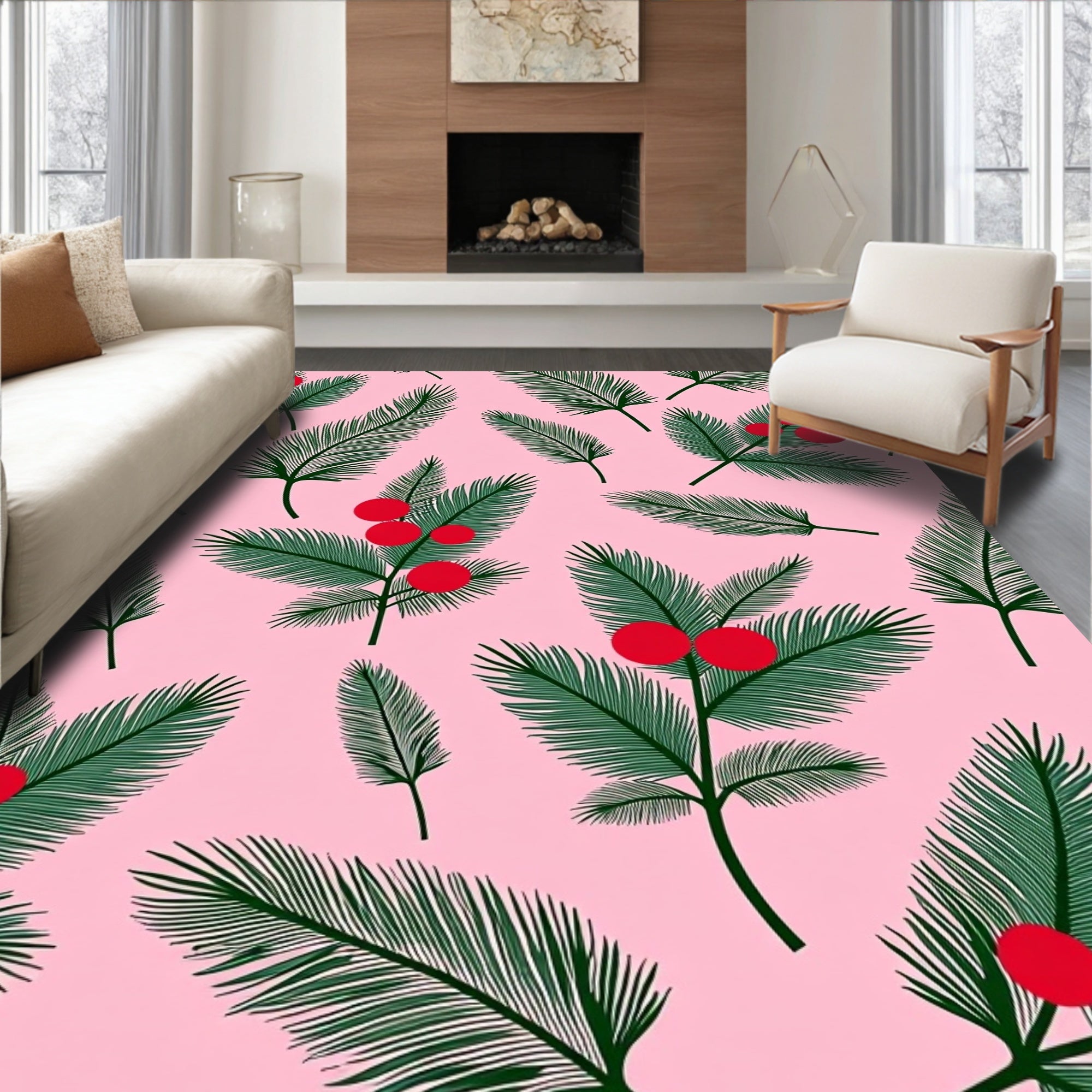 Whimsical Green Fern Red Berry Rug