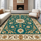 Vintage Teal Floral Scroll Medallion Rug