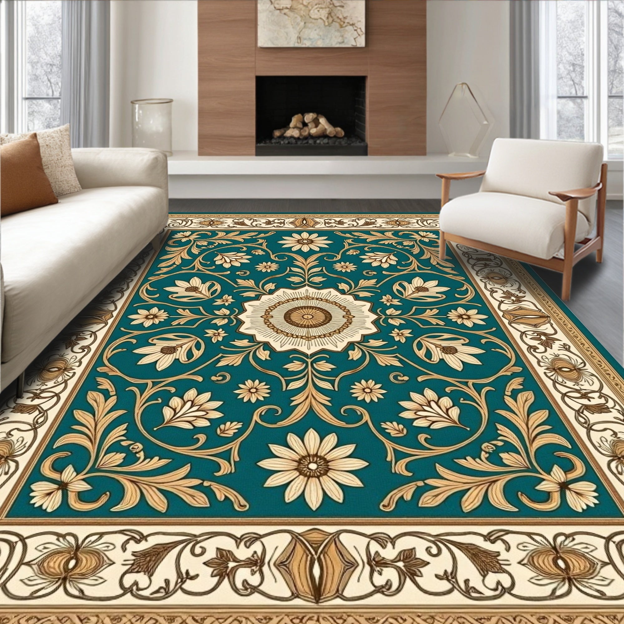 Vintage Teal Floral Scroll Medallion Rug