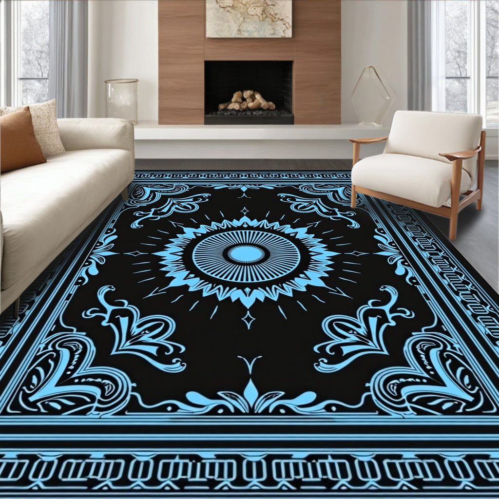 Electric Blue Sunburst Floral Border Rug
