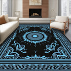 Electric Blue Sunburst Floral Border Rug