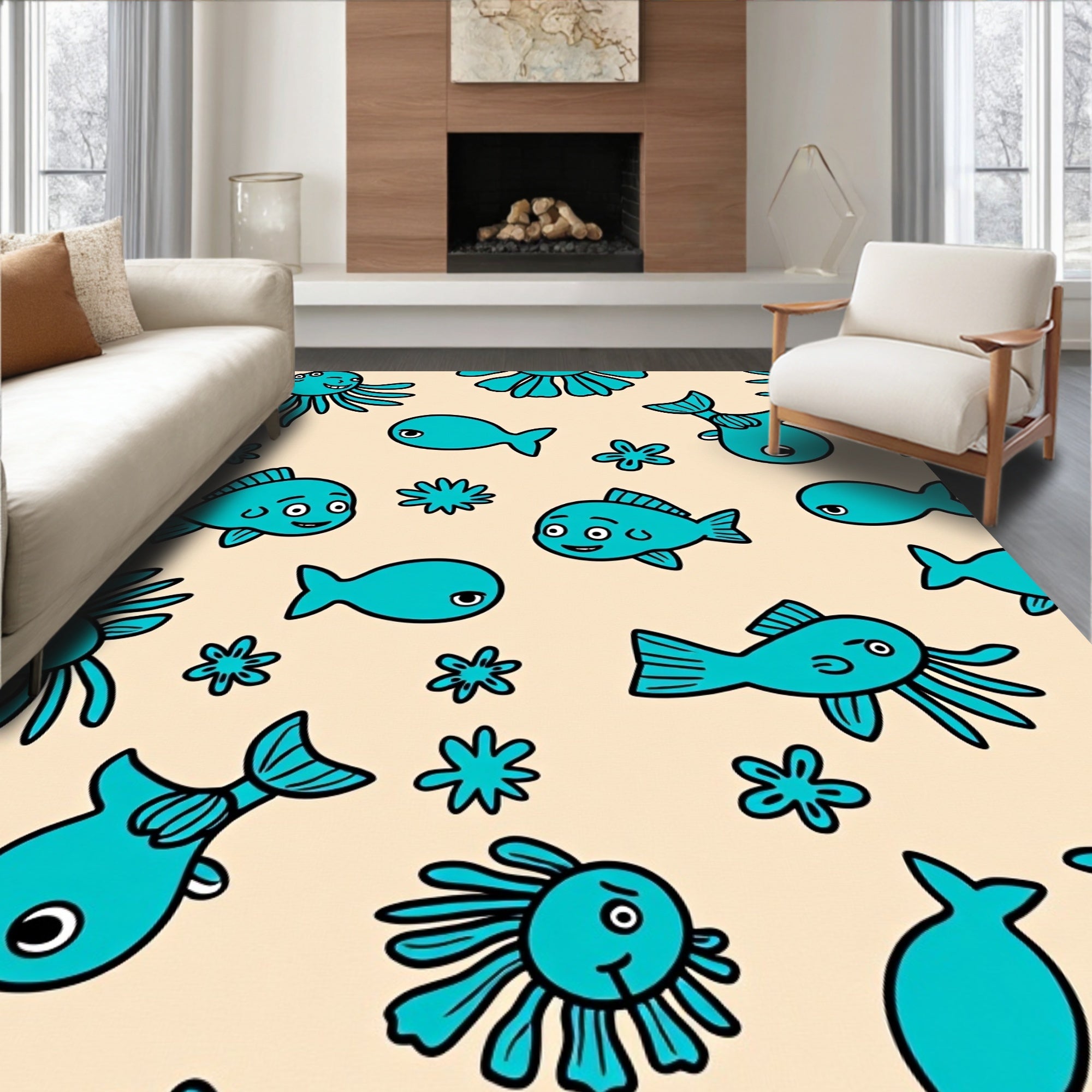 Whimsical Turquoise Ocean Critters Rug
