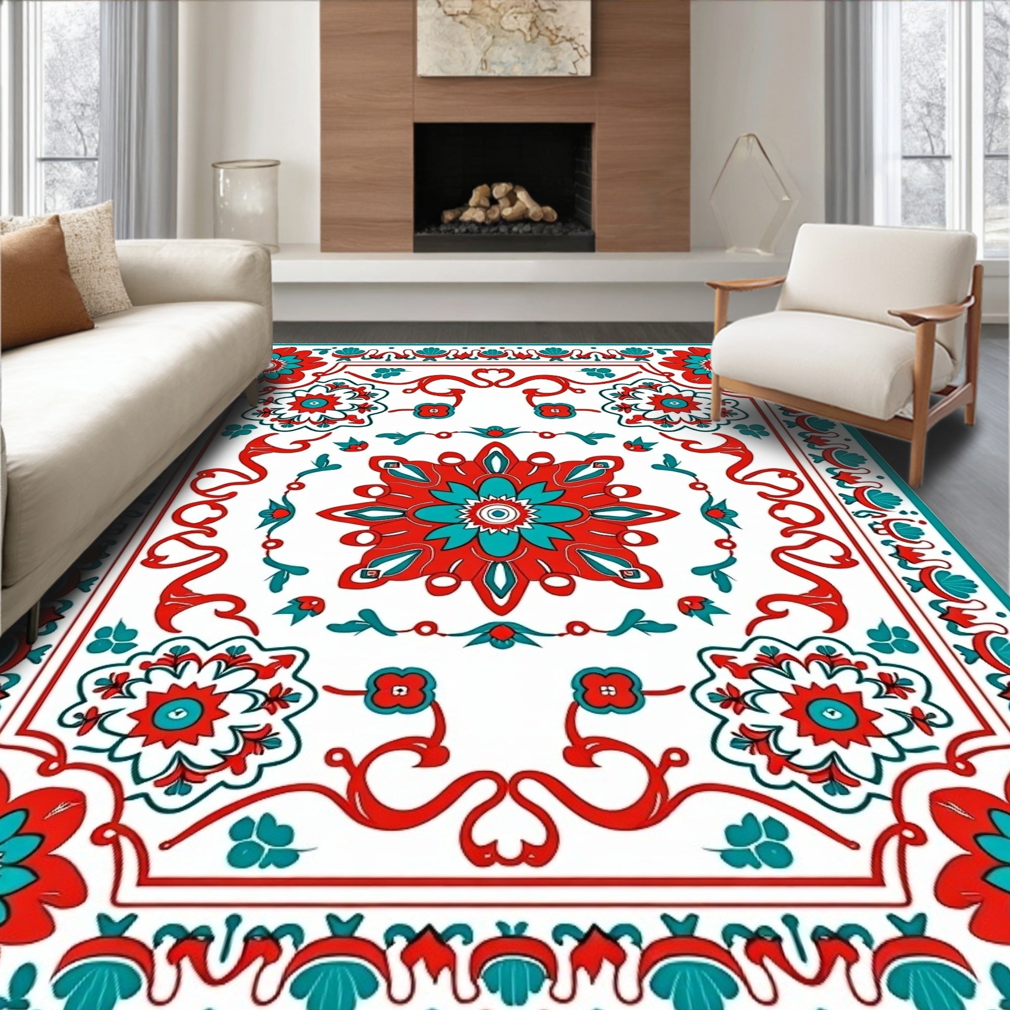 Red Turquoise Floral Medallion Border Rug
