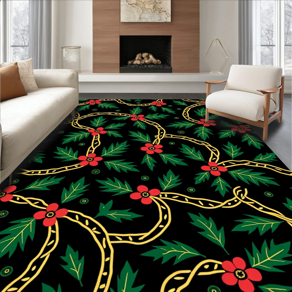 Red Floral Vine Black Background Rug