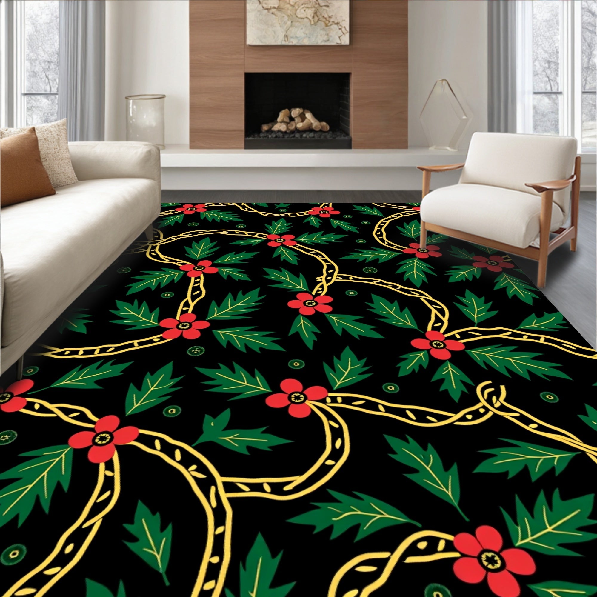 Red Floral Vine Black Background Rug