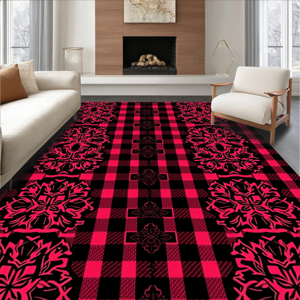 Red Black Buffalo Plaid Mandala Rug