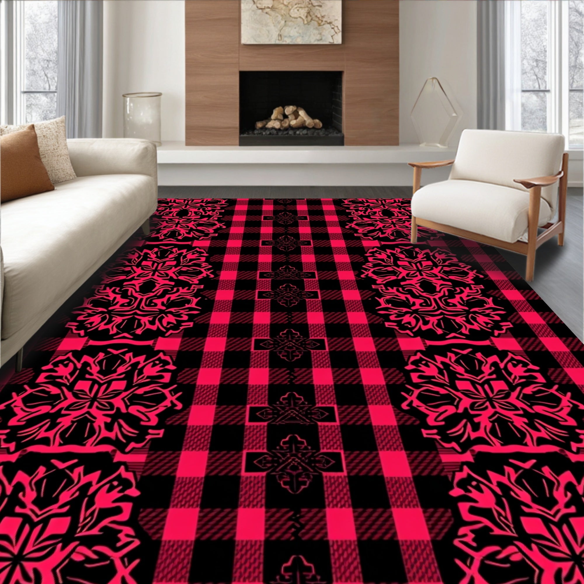 Red Black Buffalo Plaid Mandala Rug