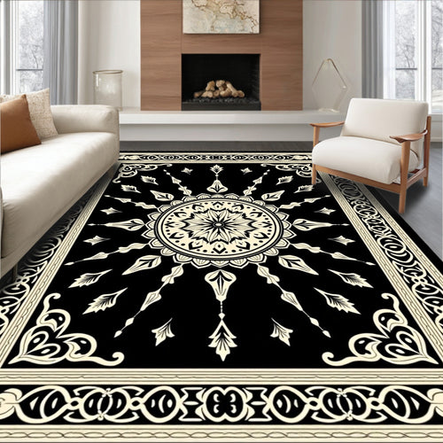 Black and Ivory Sunburst Medallion Rug