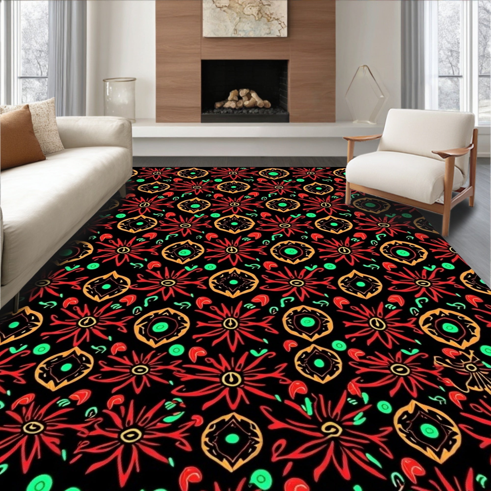 Bold Red Orange Floral Medallion Rug