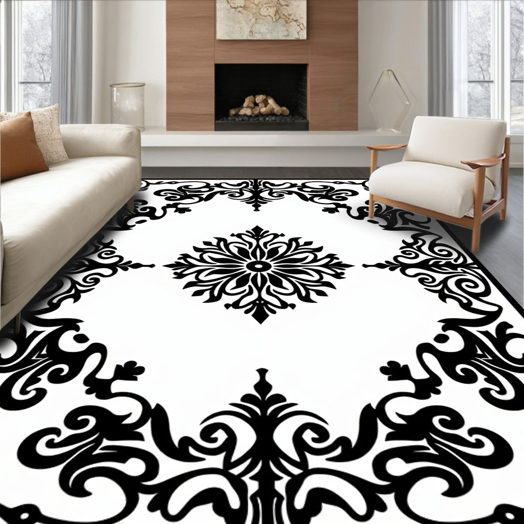 Black White Ornate Medallion Scroll Rug