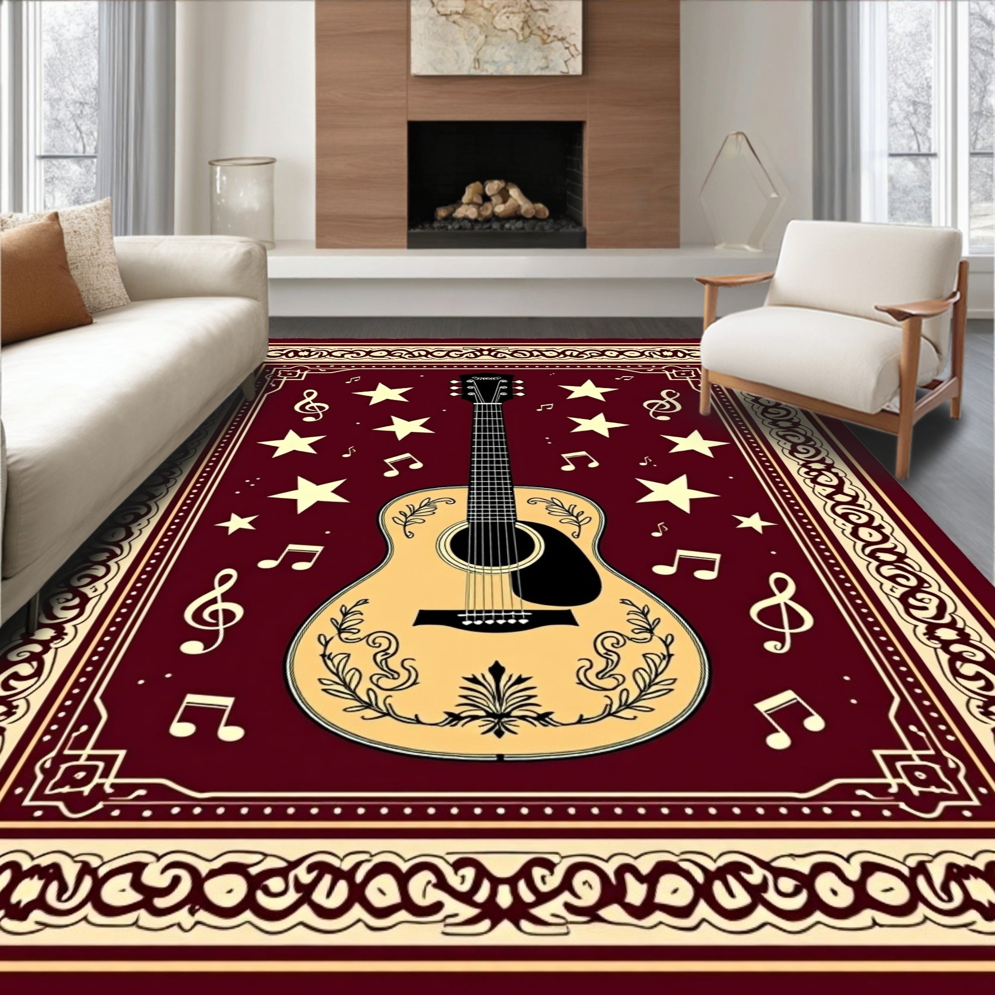 Burgundy Guitar Star Music Notes Rug