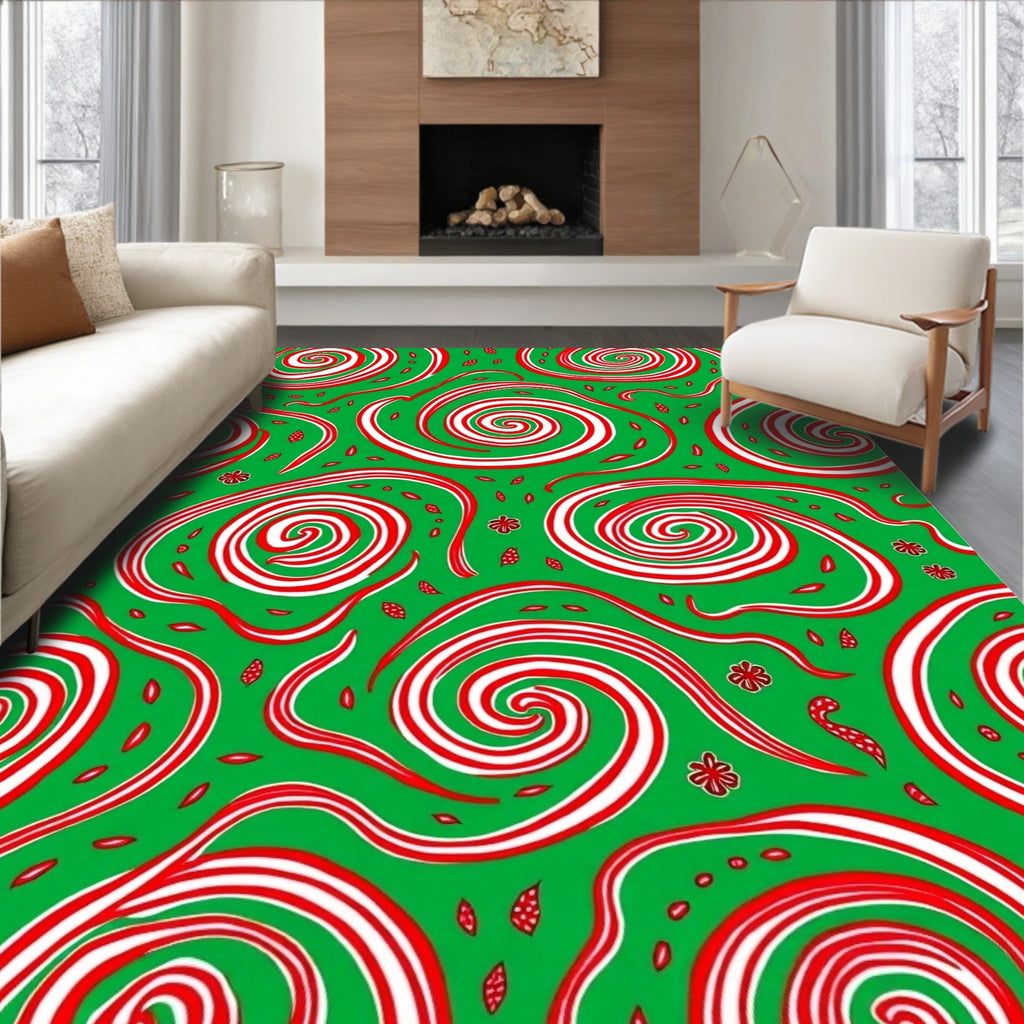 Whimsical Red White Swirls Green Background Rug