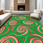 Whimsical Red White Swirls Green Background Rug
