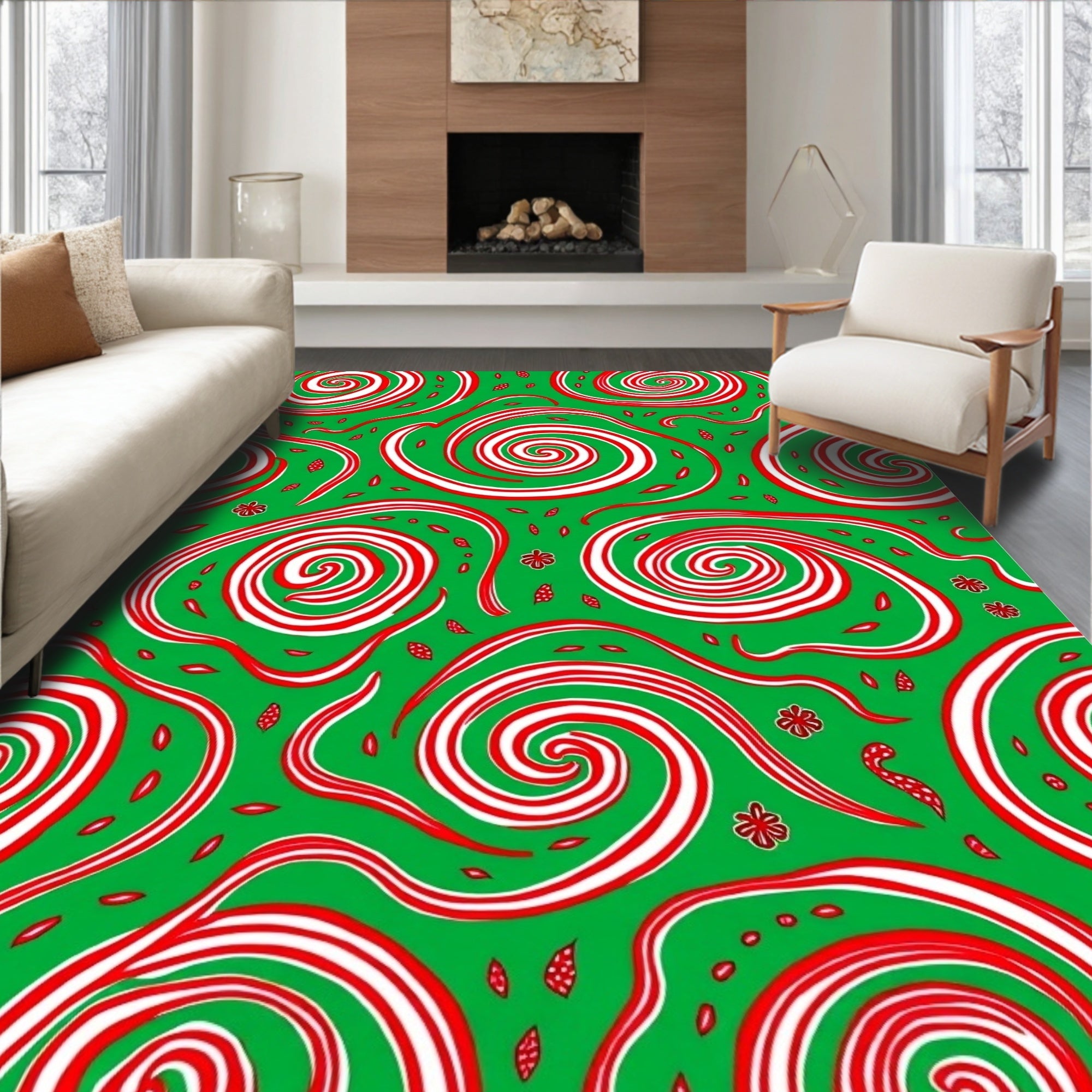 Whimsical Red White Swirls Green Background Rug