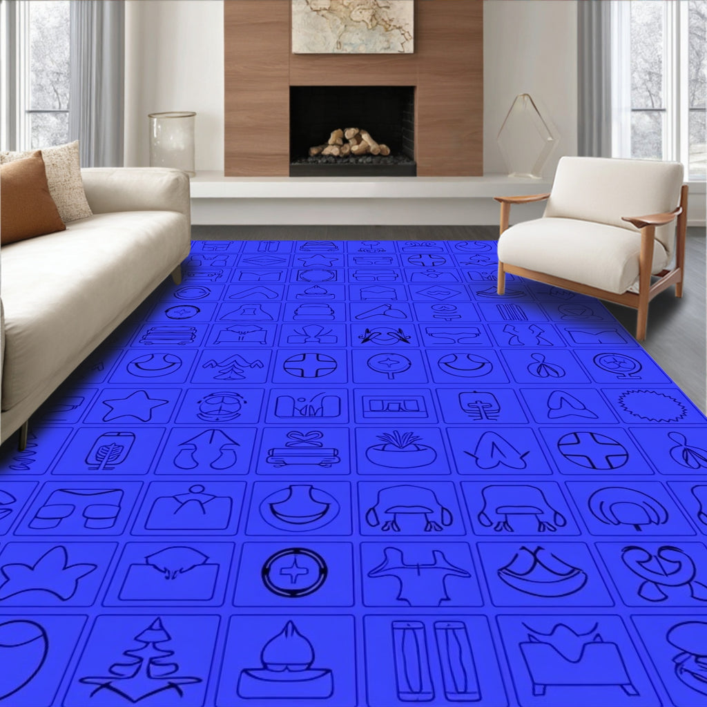 Blue Abstract Icons Grid Rug