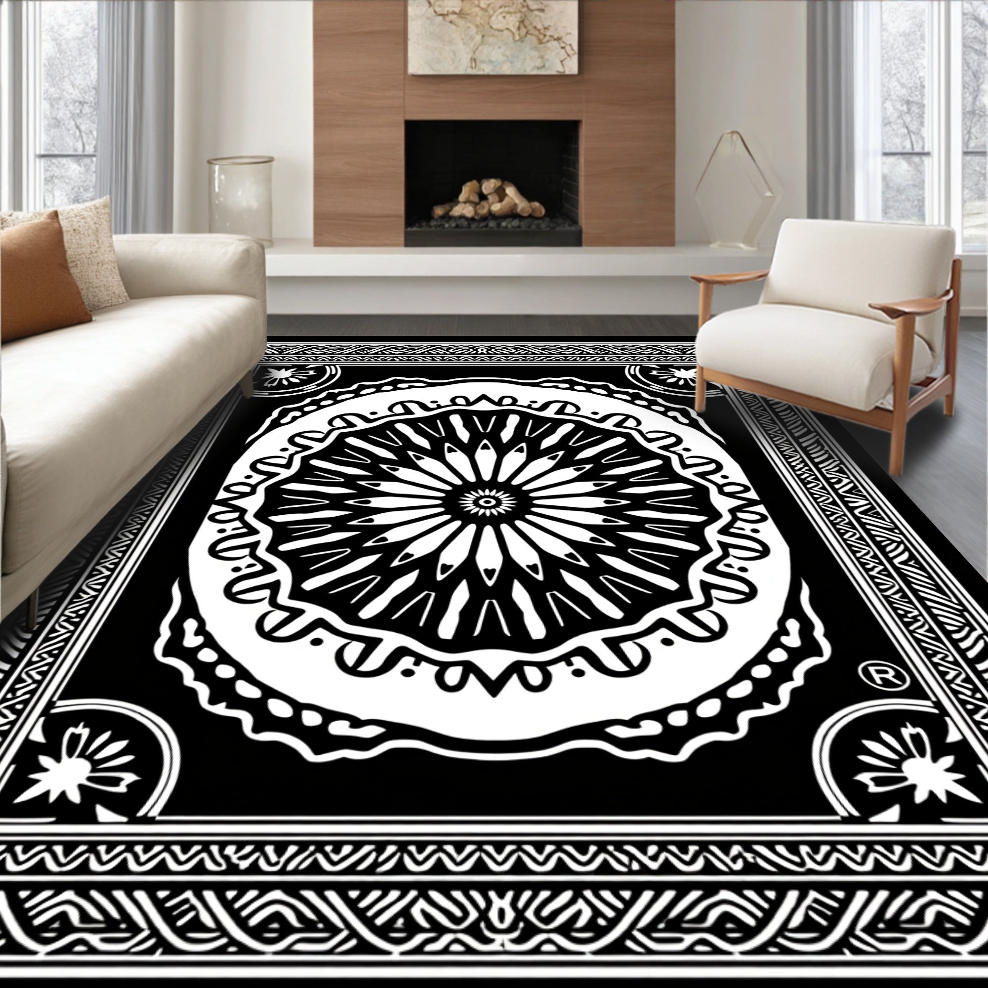 Monochromatic Black White Floral Mandala Rug