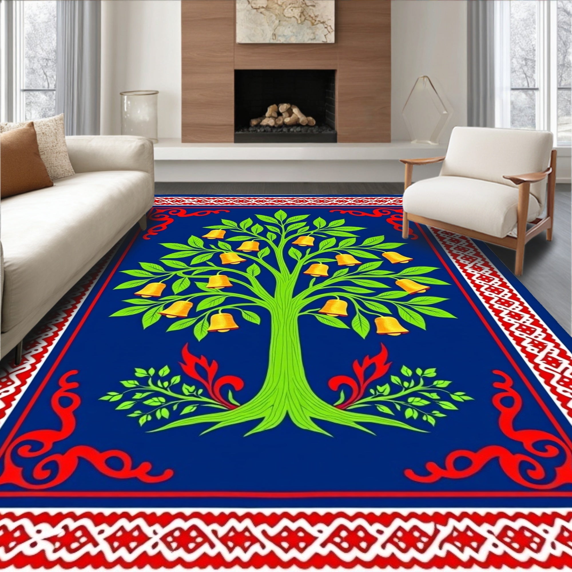 Vibrant Blue Bell Tree Garden Scarlet Border Rug