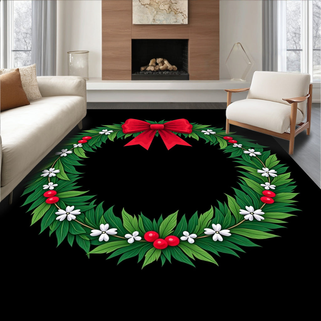 Festive Red Bow Green Leaf Wreath Rug