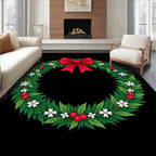 Festive Red Bow Green Leaf Wreath Rug